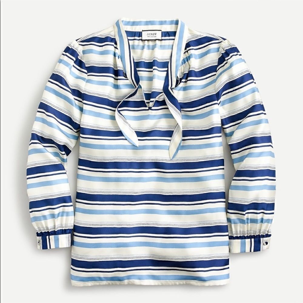 J. Crew collection 100% silk twill stripe tie neck blouse top shirt